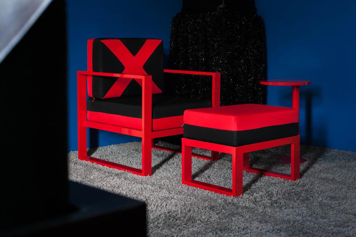 X Armchair, XXX Tabouret and Coffee Table, Moon Side Table X Armchair black red aluminum armchair with tabouret and side table